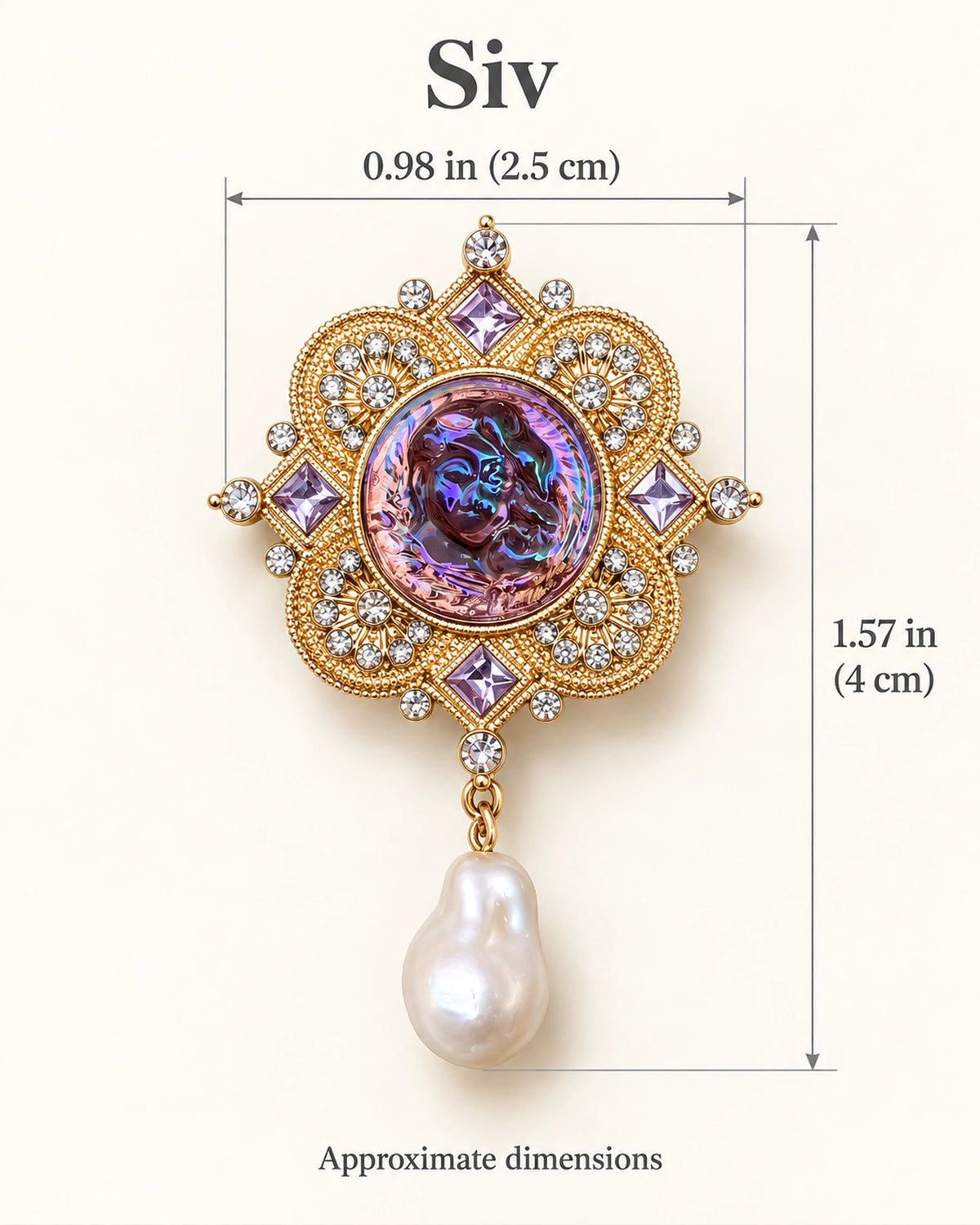 Siv Purple Face Medallion Brooch — approximate width and height guide