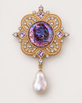 Siv Purple Face Medallion Brooch in gold tone, purple & white, front product view