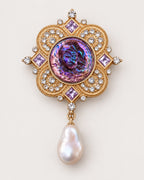 Siv Purple Face Medallion Brooch in gold tone, purple & white, front product view