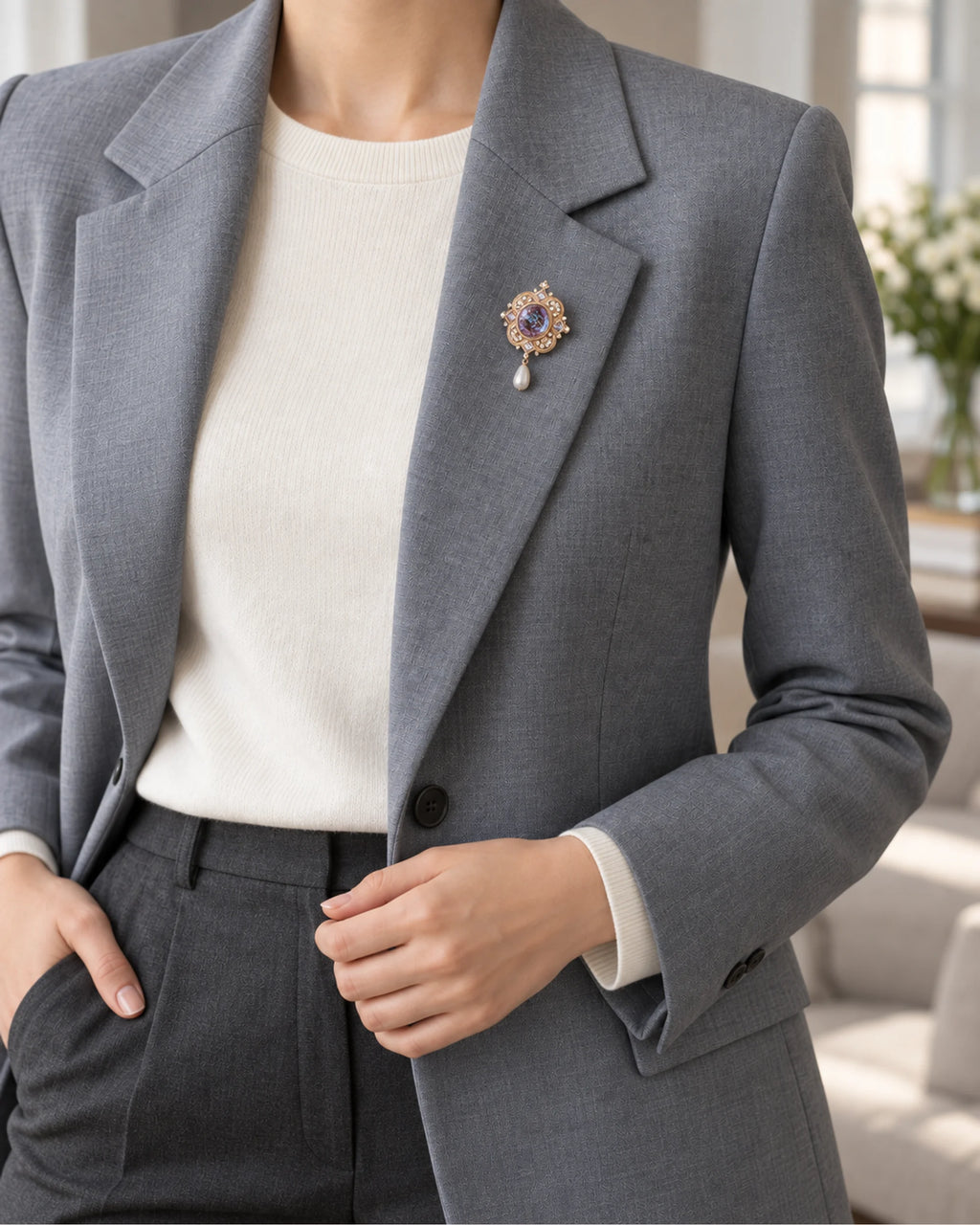 Siv Purple Face Medallion Brooch — model wearing the brooch with a tailored outfit, wider view