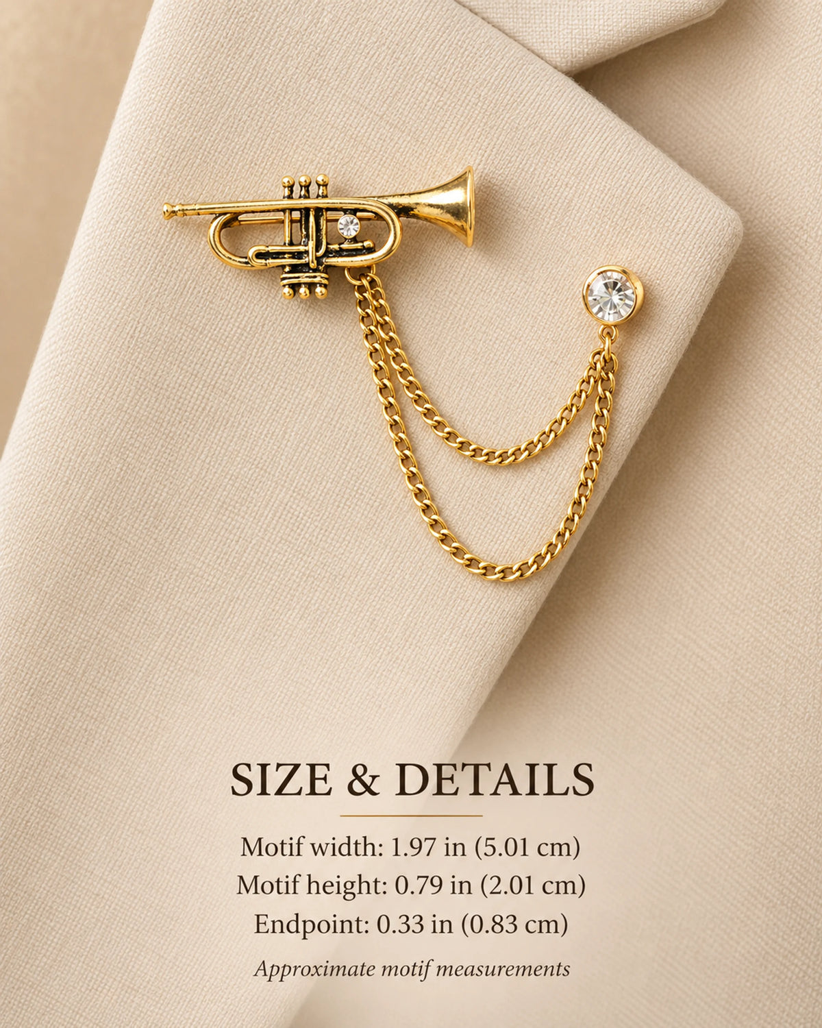 Sointu Trumpet Lapel Chain Brooch in gold-tone finish; motif and endpoint dimensions