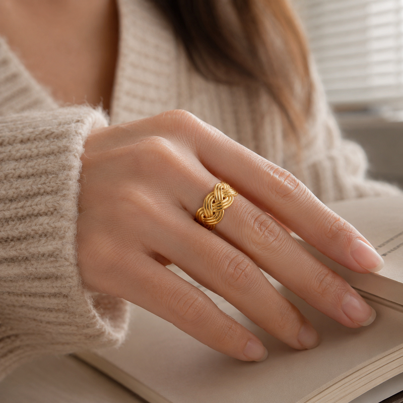 Sola Knot Band Ring worn in soft light