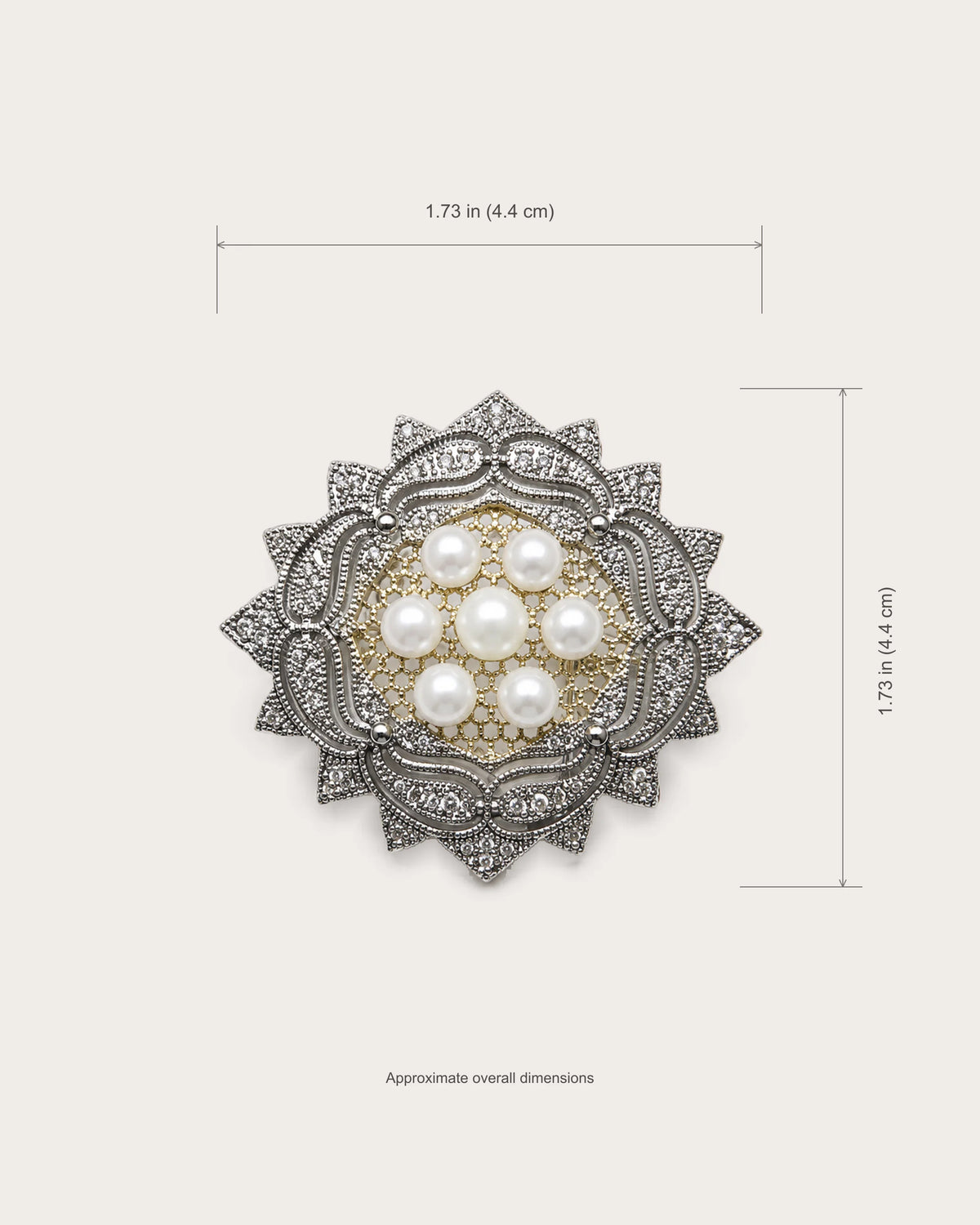 Brooch dimensions: approximately 1.73 inches wide and high, with 4.4 cm metric equivalents.