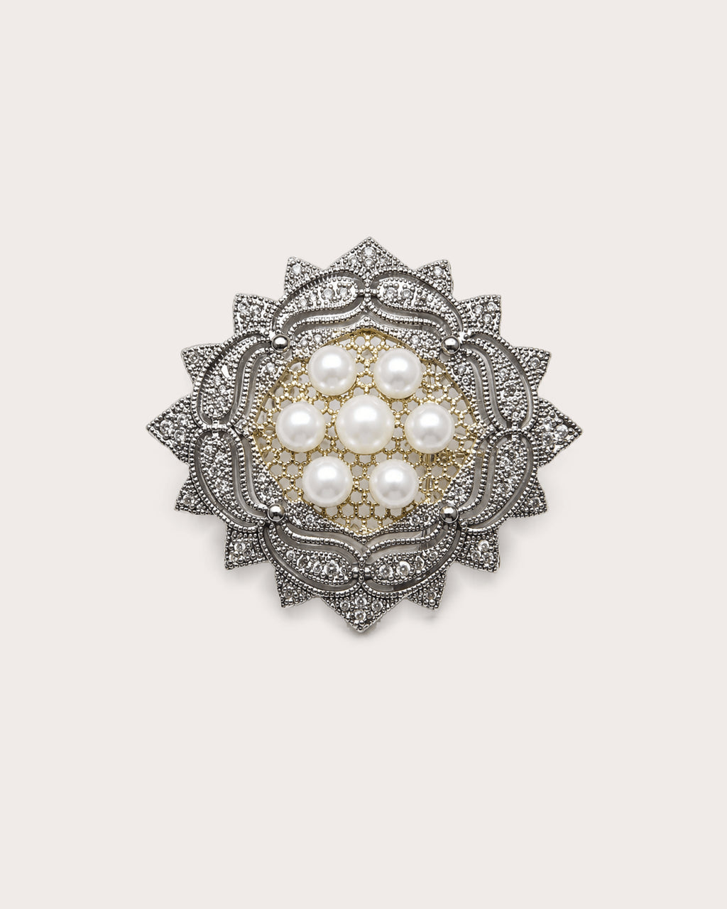 Front of Solveig Freshwater Pearl Rosette Brooch with seven pearls, silver-tone scrolls and a warm-toned center.