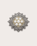 Front of Solveig Freshwater Pearl Rosette Brooch with seven pearls, silver-tone scrolls and a warm-toned center.