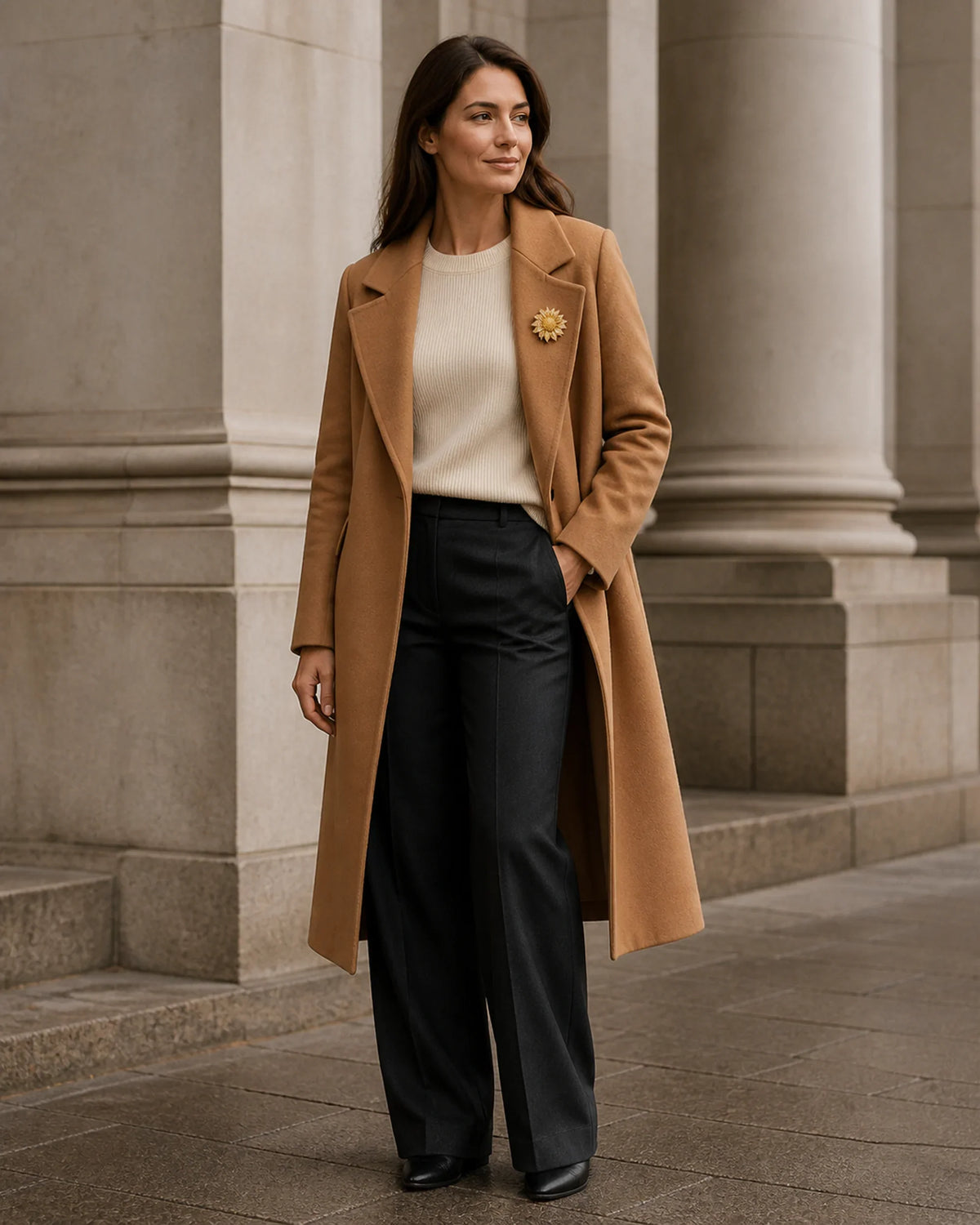 Full styling view showing the true 5.5 centimetre scale of the Solvi Sunflower Brooch on a broad camel coat lapel