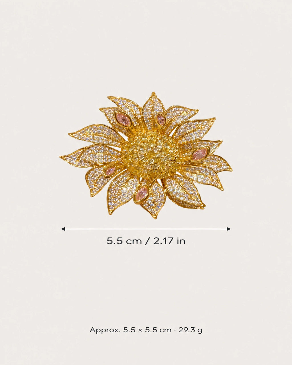 Solvi Layered Crystal Sunflower Brooch size guide showing approximately 5.5 by 5.5 centimetres and a weight of 29.3 grams