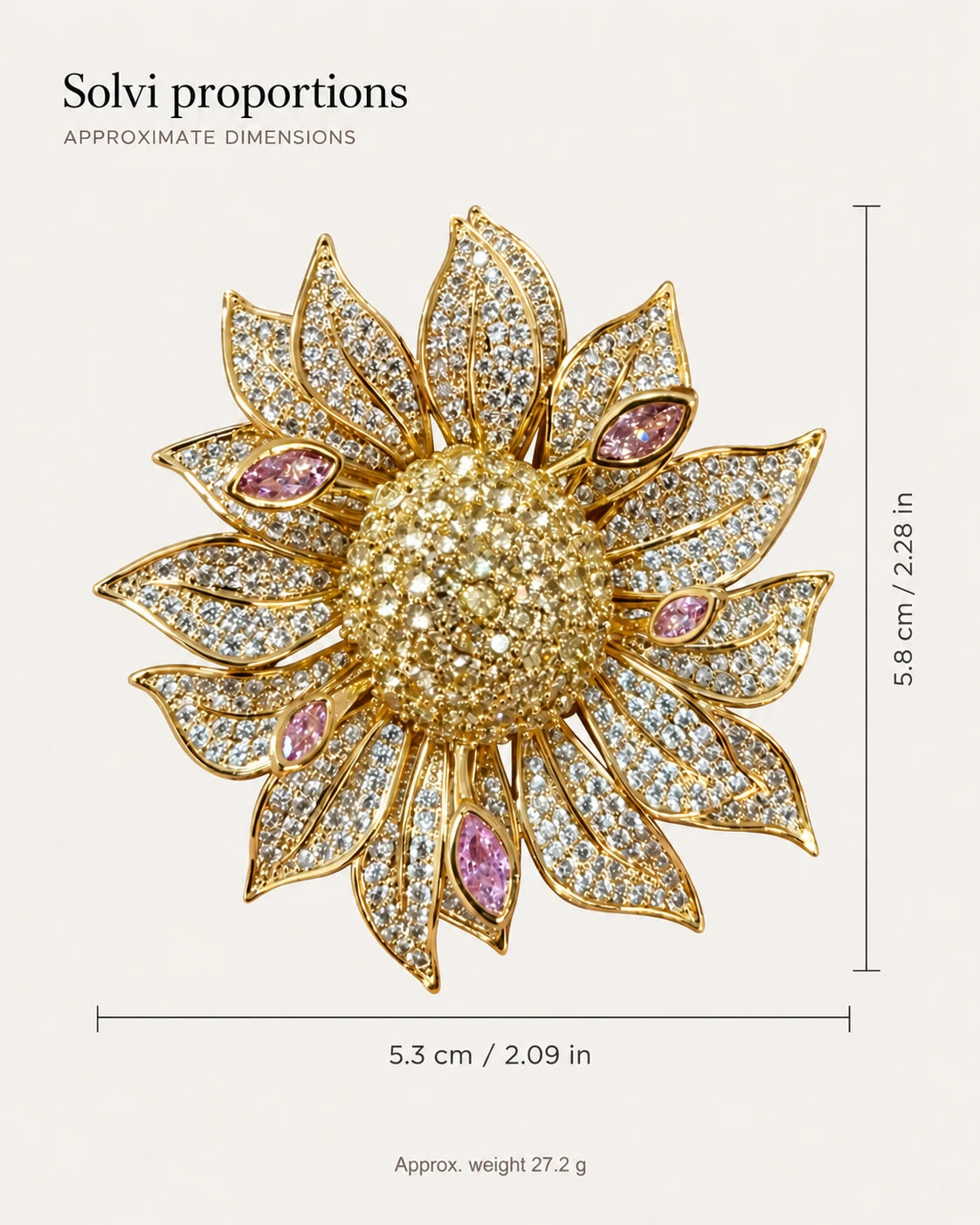 Solvi Layered Crystal Sunflower Brooch two-axis size guide: approximately 5.8 cm high (2.28 in), 5.3 cm wide (2.09 in), and 27.2 g
