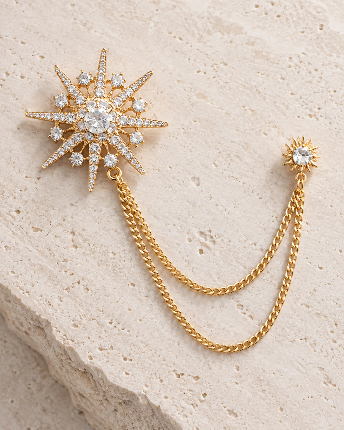 Stella Starburst Lapel Chain Brooch in gold-tone finish — second product display