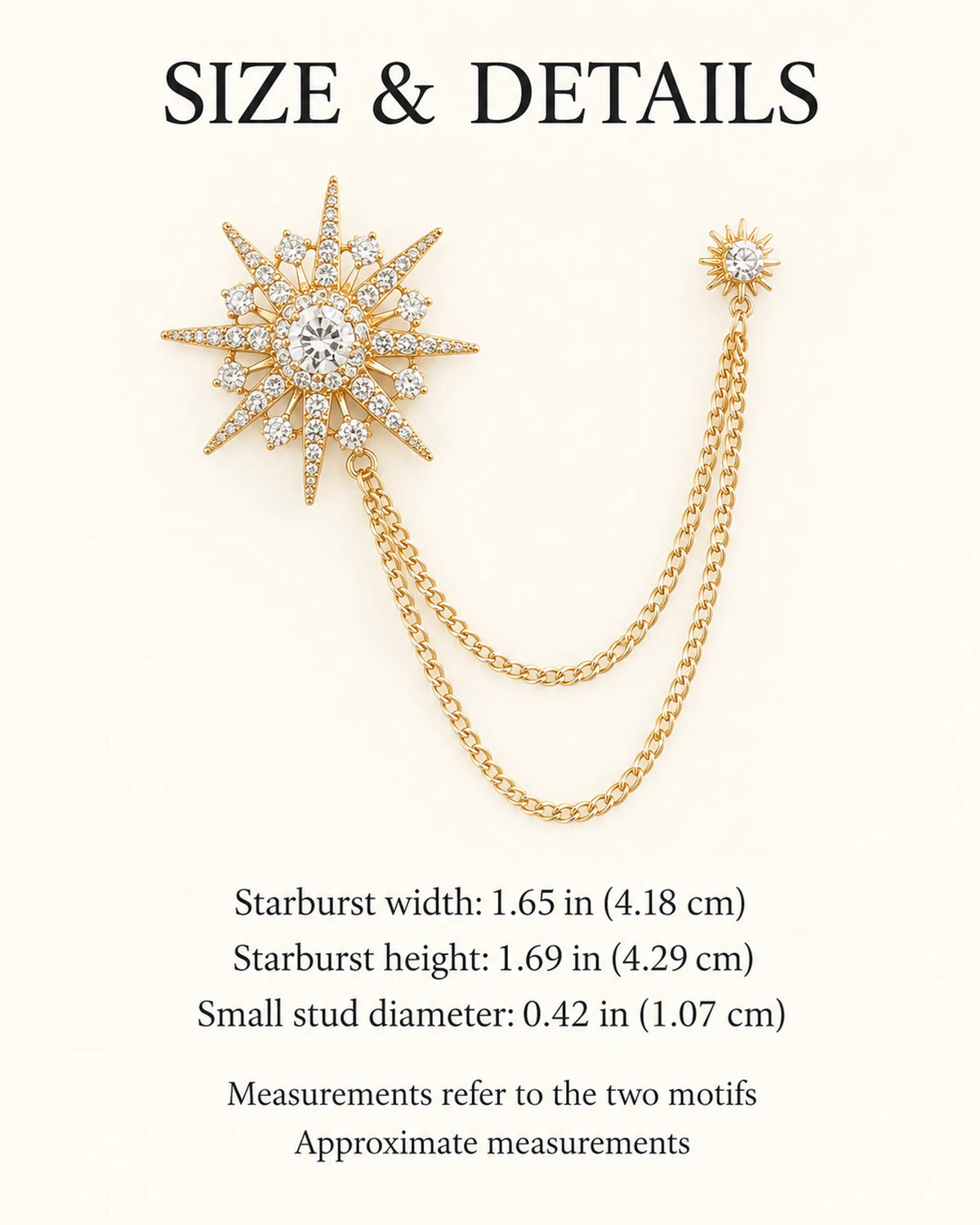 Stella Starburst Lapel Chain Brooch in gold-tone finish — verified dimensions guide