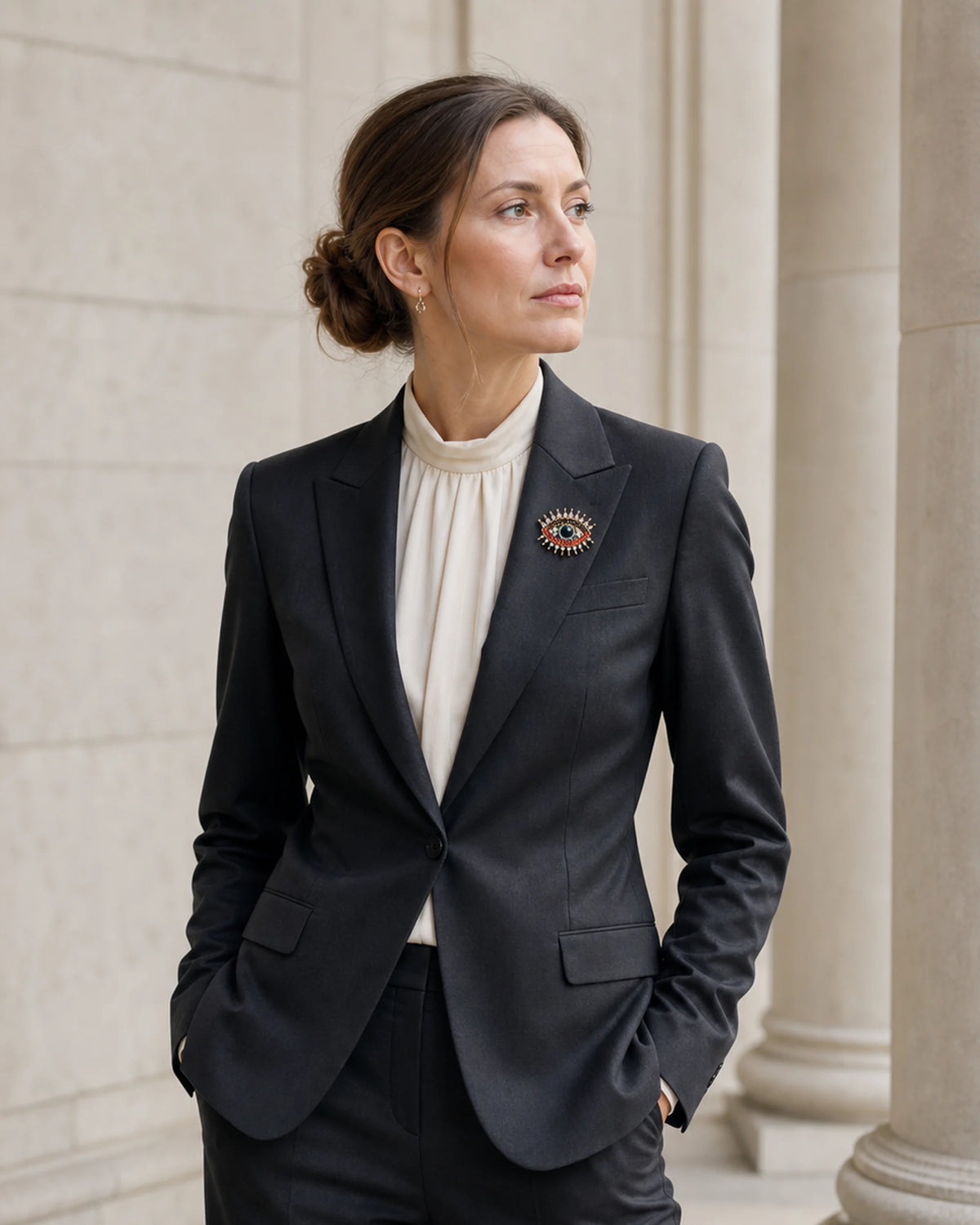 Wide styling view showing the true approximately 4.0 by 3.2 centimetre scale of the Suoja brooch on a folded charcoal blazer lapel