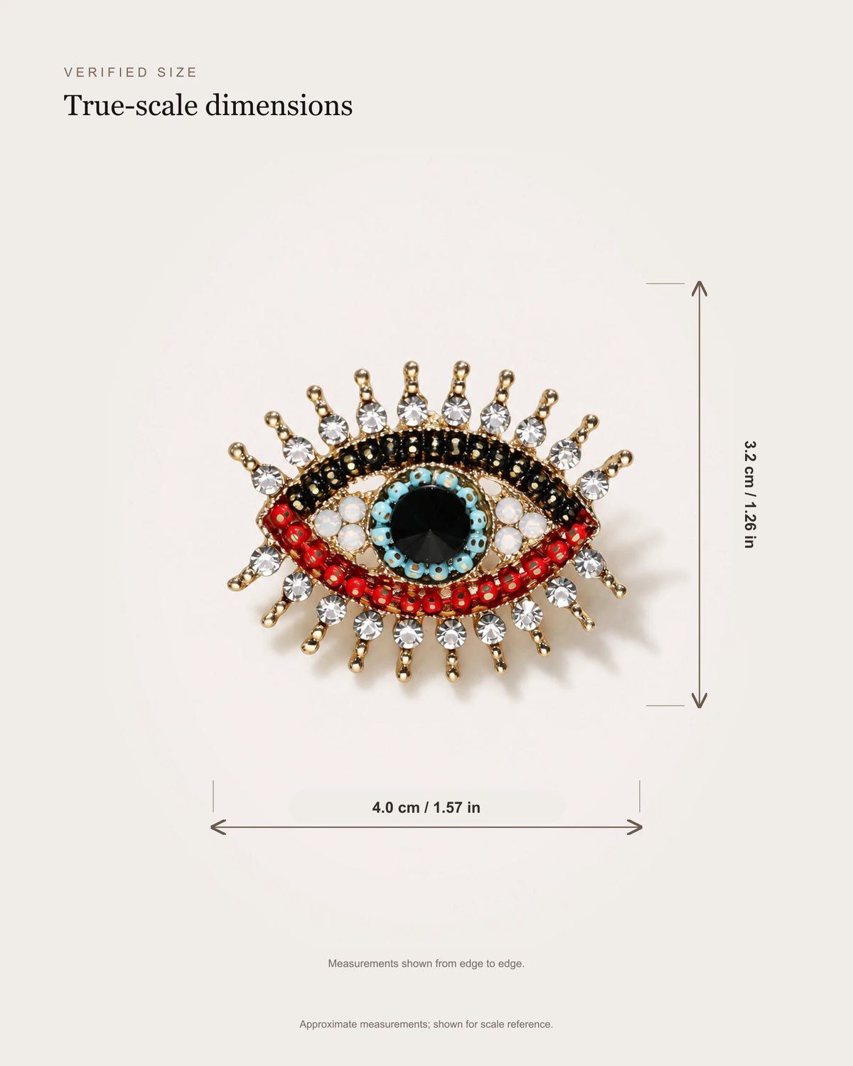 Suoja Multicolor Crystal Eye Brooch size guide showing approximately 4.0 by 3.2 centimetres