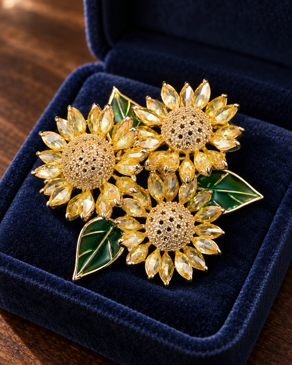 Suvia yellow crystal sunflower trio brooch resting in a blue velvet case on walnut, styling props shown