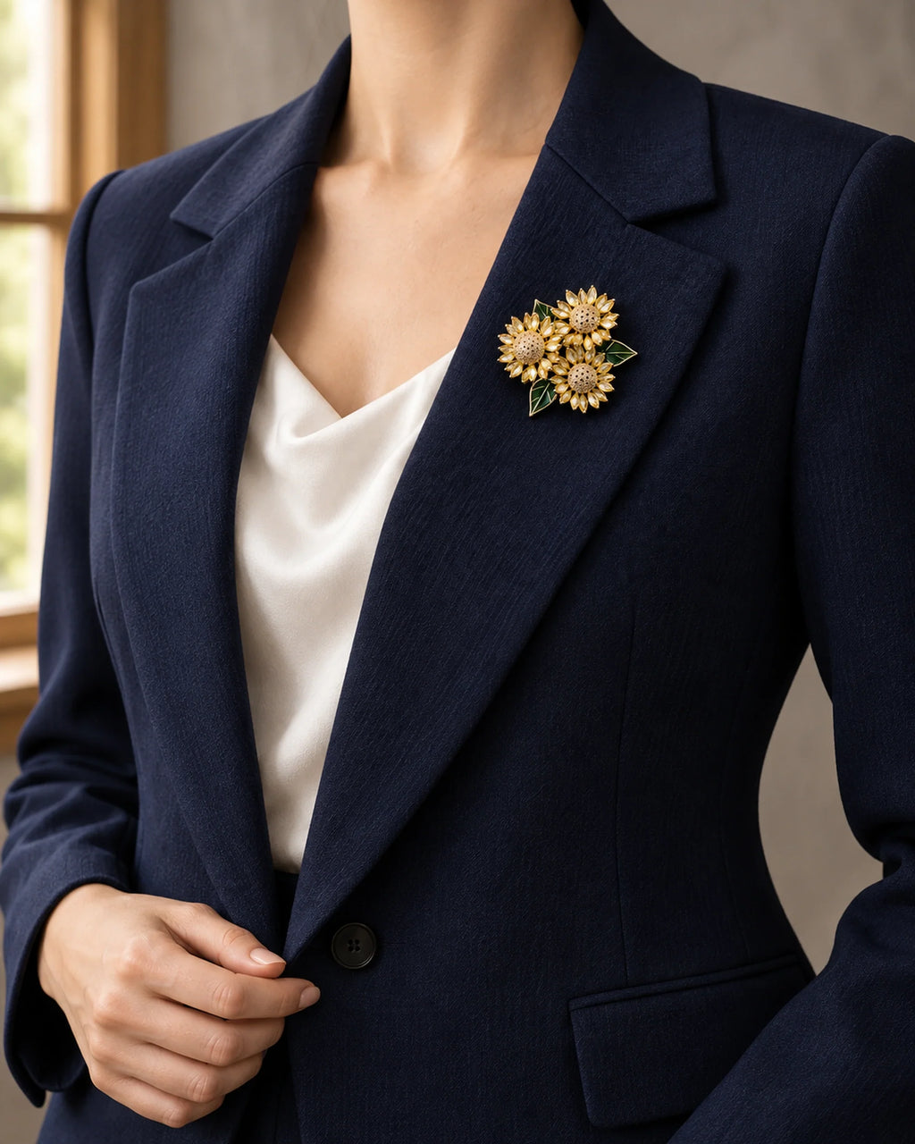 Suvia sunflower trio brooch worn on navy tailoring with an ivory top beside a window
