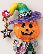 A multicolored curled hat, purple brim and star accent sit above the pumpkin face.