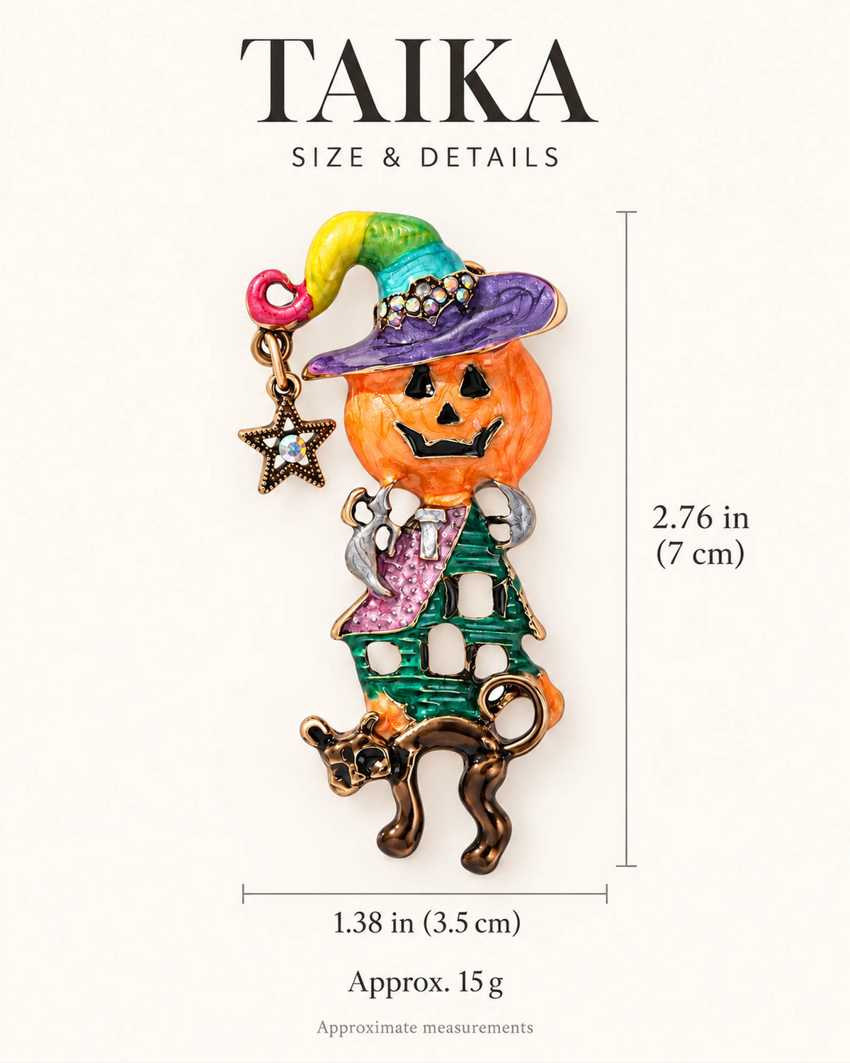 Taika Pumpkin Witch Brooch size and weight guide