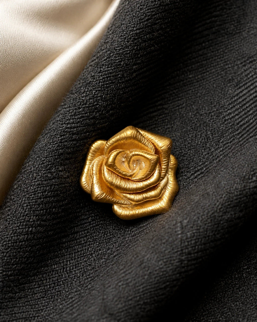 Macro view of the layered matte gold petals and fine ridged texture of the Taimi Mini Camellia Brooch
