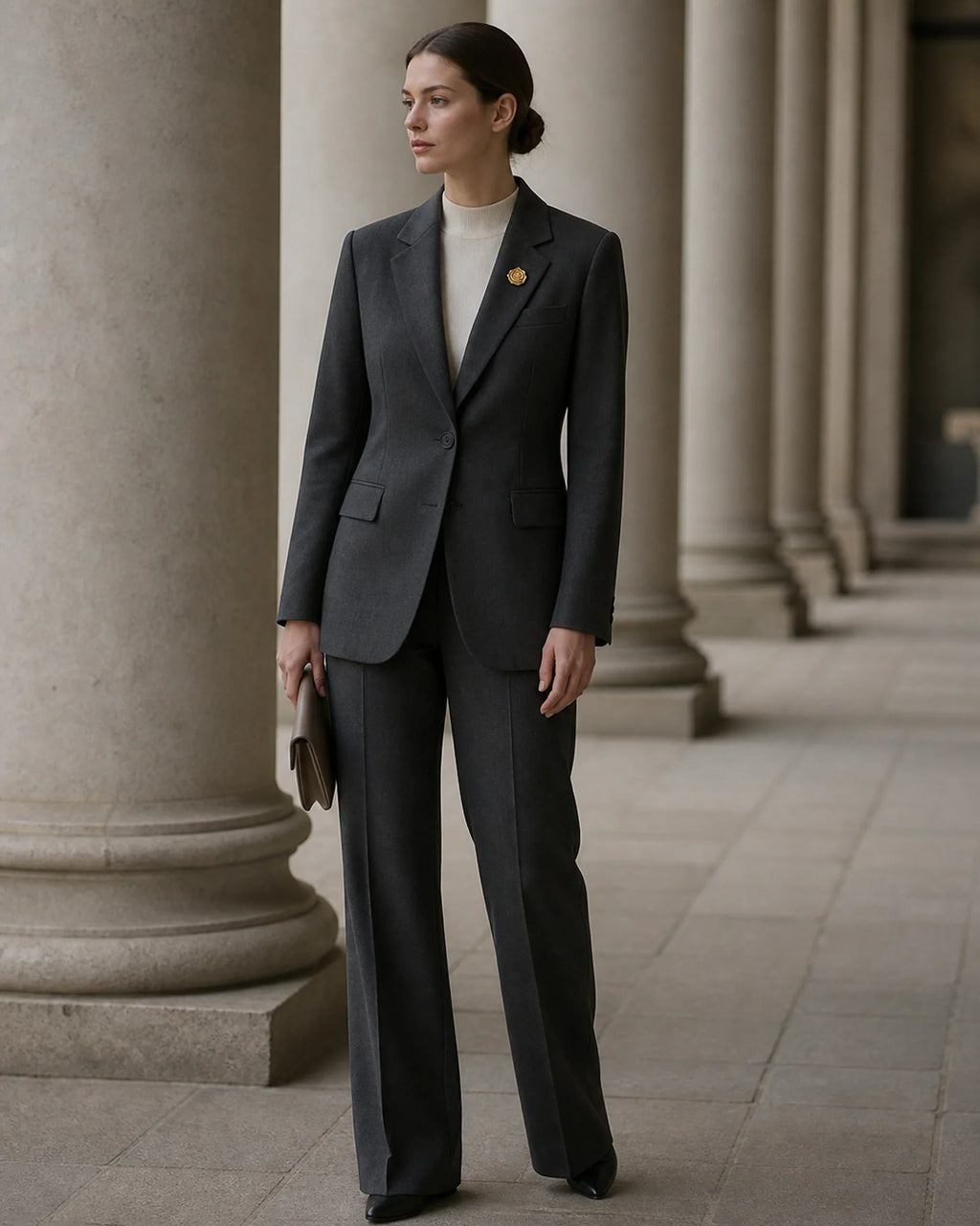 Full styling view showing the true small scale of the Taimi Mini Gold Camellia Brooch on a charcoal suit lapel