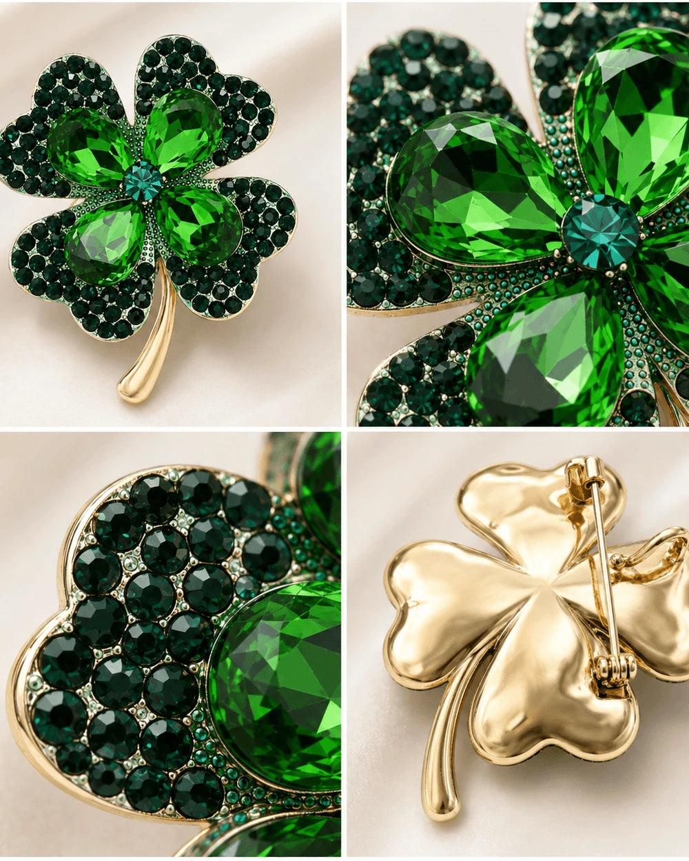 Four detail views of the Toivo brooch showing green stones, gold-tone stem and back pin