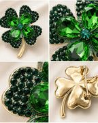 Four detail views of the Toivo brooch showing green stones, gold-tone stem and back pin