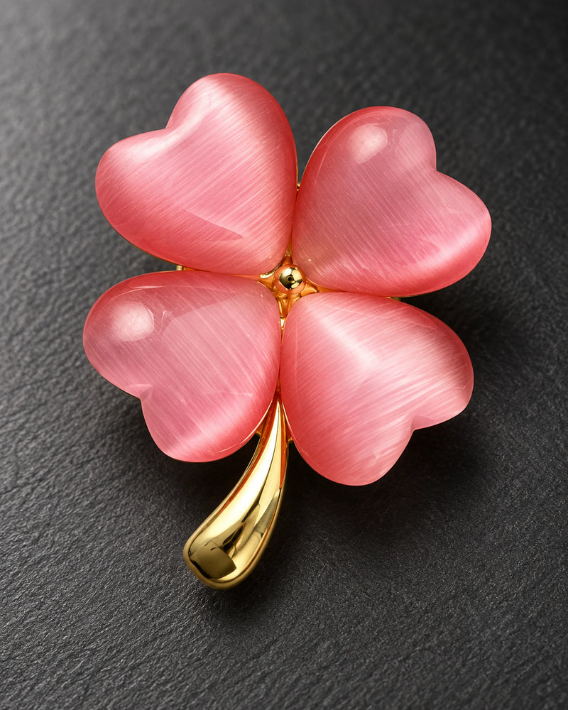 Tova Cat-Eye Clover Magnetic Brooch, Gold & Pink, detail close-up