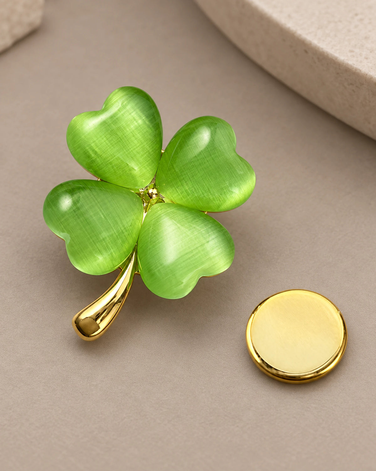 Tova Cat-Eye Clover Magnetic Brooch, Gold & Green with separate magnetic backing