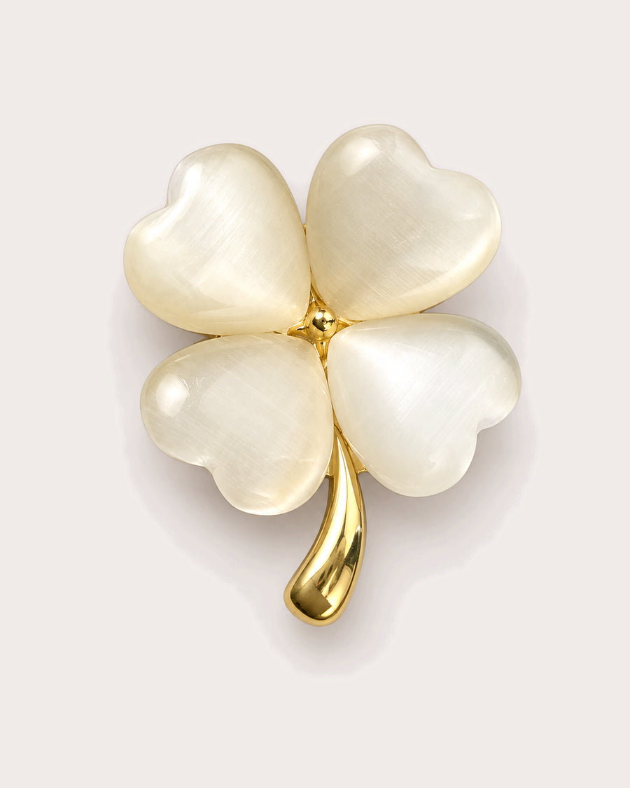 Tova Cat-Eye Clover Magnetic Brooch, Gold & White, front product view
