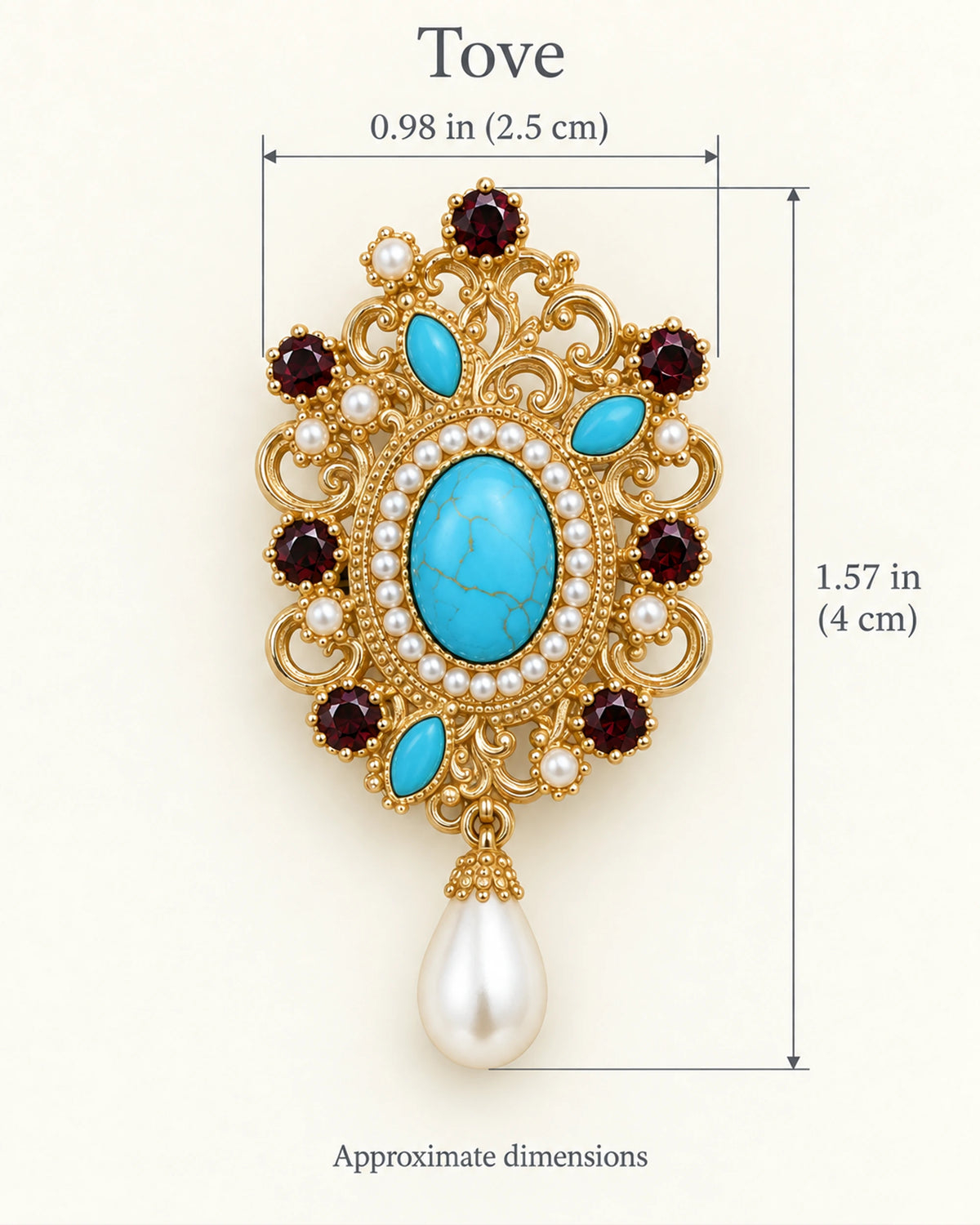 Tove Turquoise-Blue Scroll Drop Brooch — approximate width and height guide