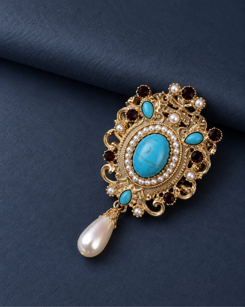 Tove Turquoise-Blue Scroll Drop Brooch — front display on folded slate-blue paper
