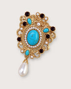 Tove Turquoise-Blue Scroll Drop Brooch in gold tone, turquoise blue, burgundy & white, front product view