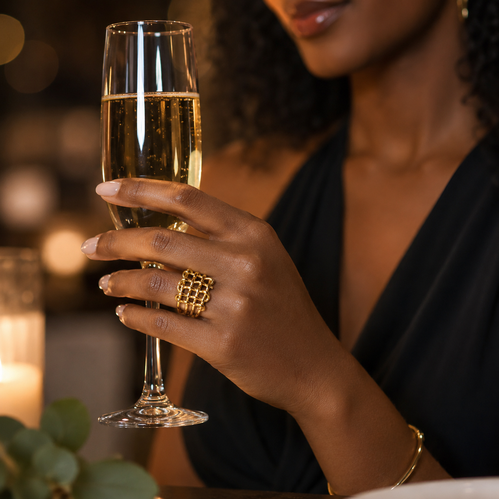 Trellis Light Wide Ring worn with evening styling