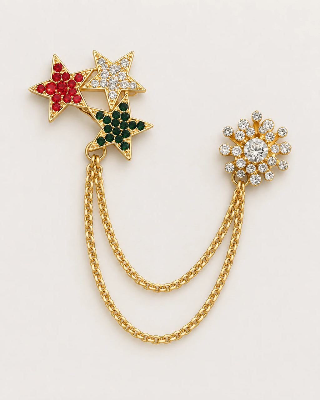 Tria Tricolor Star Lapel Chain Brooch in gold-tone finish; complete front view