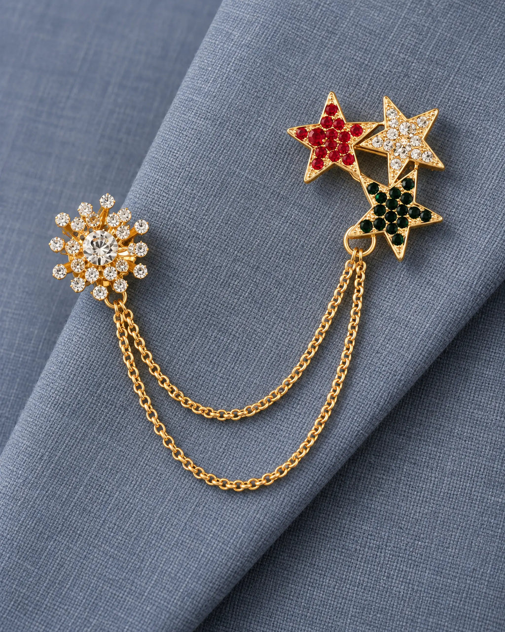 Tria Tricolor Star Lapel Chain Brooch in gold-tone finish; complete color display