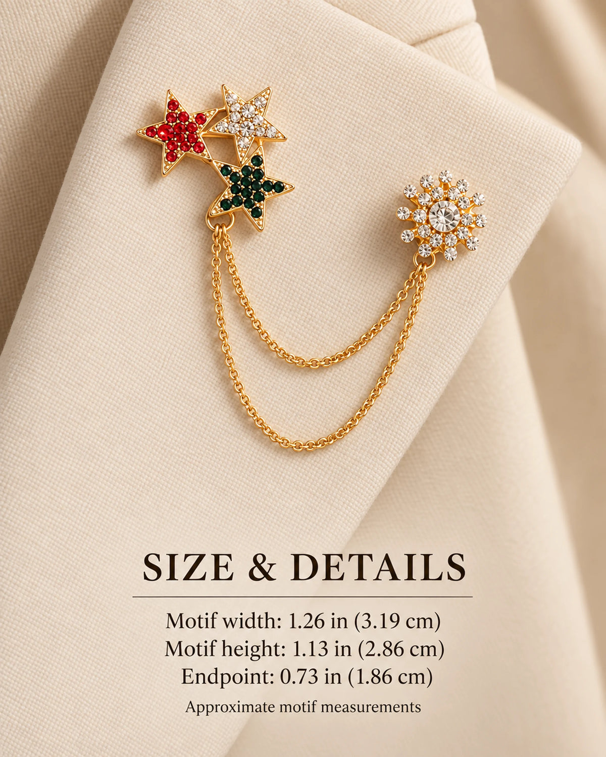 Tria Tricolor Star Lapel Chain Brooch in gold-tone finish; motif and endpoint dimensions