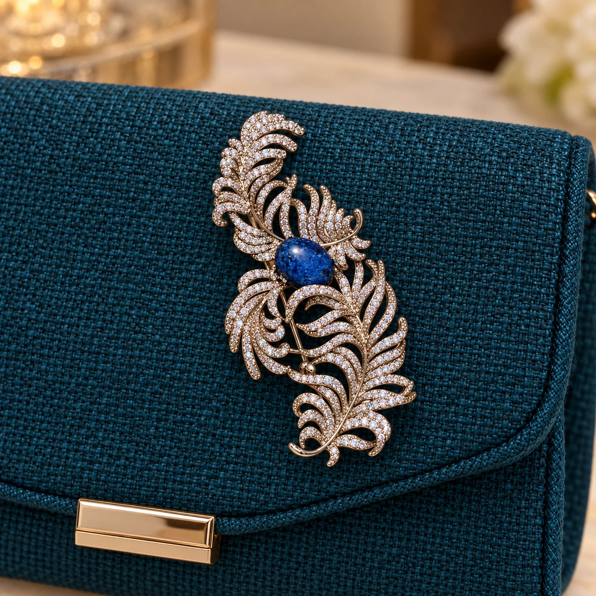 A reinforced dark-teal fabric clutch flap supports the complete feather brooch.