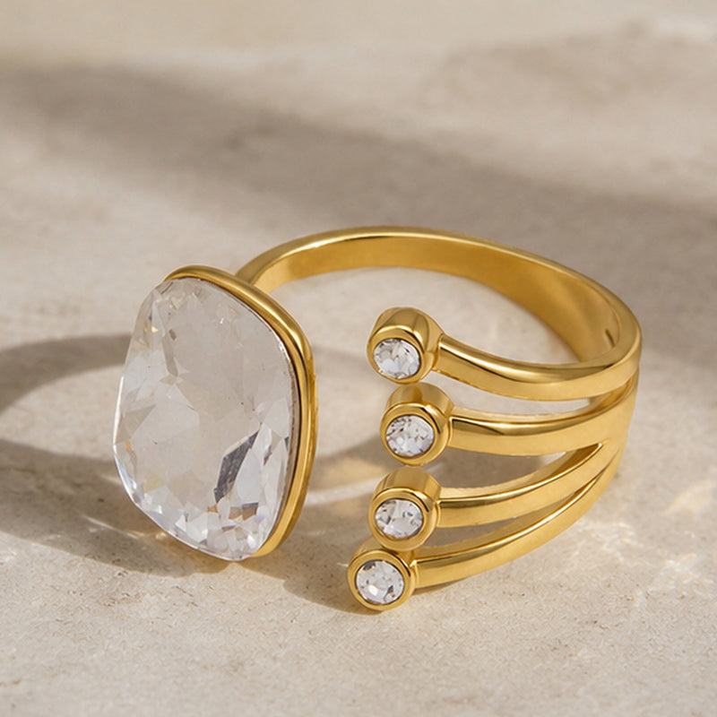 Gold adjustable crystal ring detail view