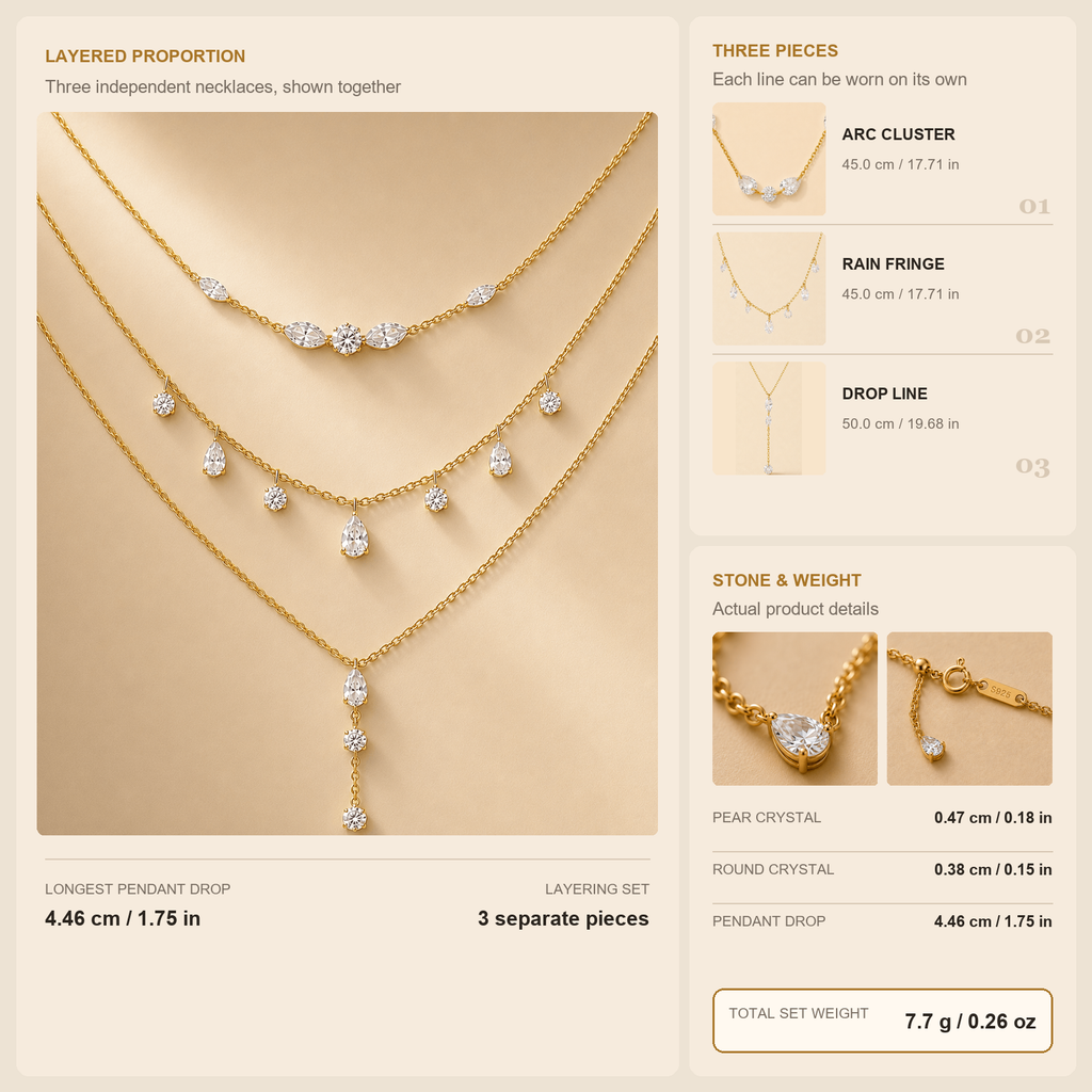 Aurelia Light Layered Necklace Set technical dimensions, three pieces, stone details, and total weight