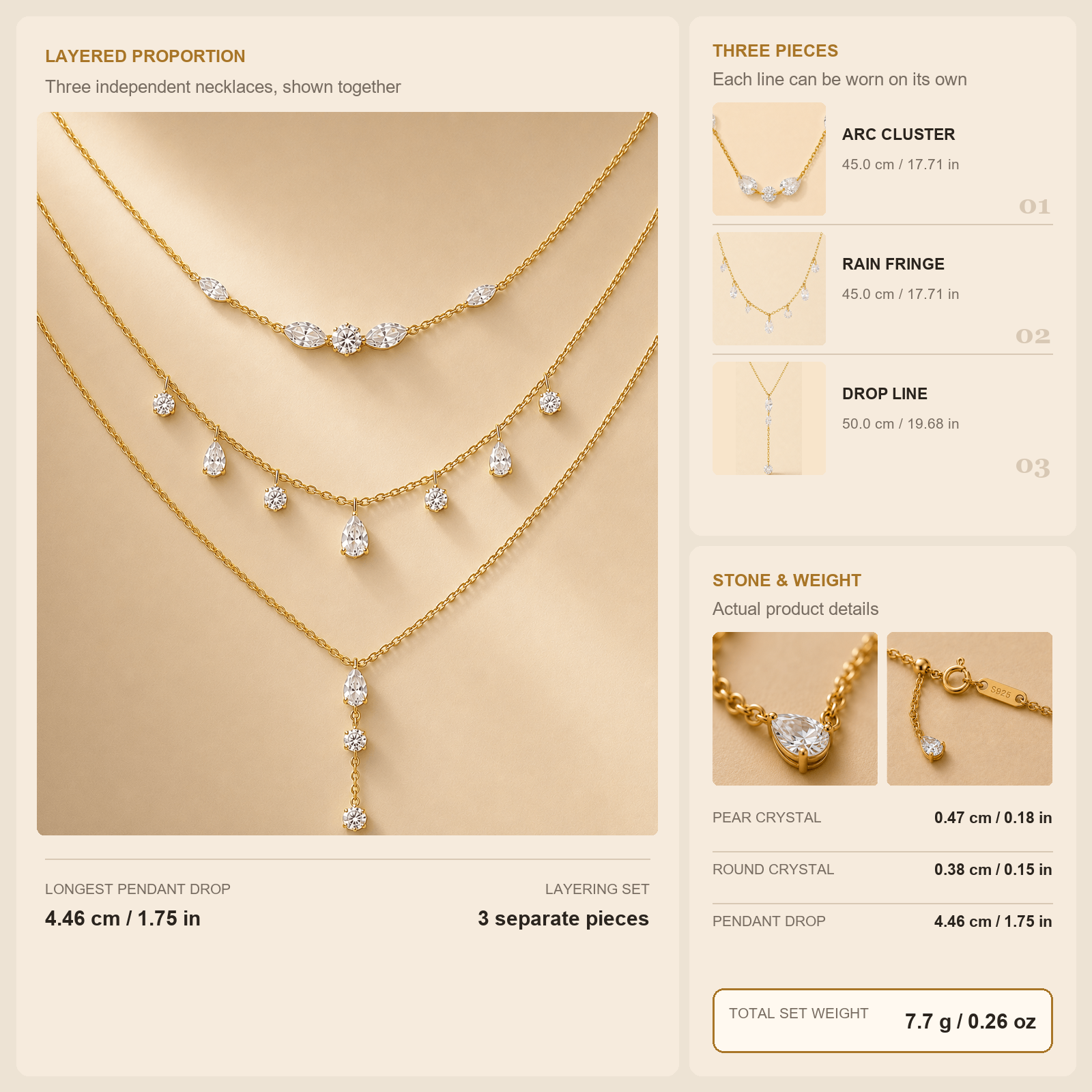 Aurelia Light Layered Necklace Set technical dimensions, three pieces, stone details, and total weight