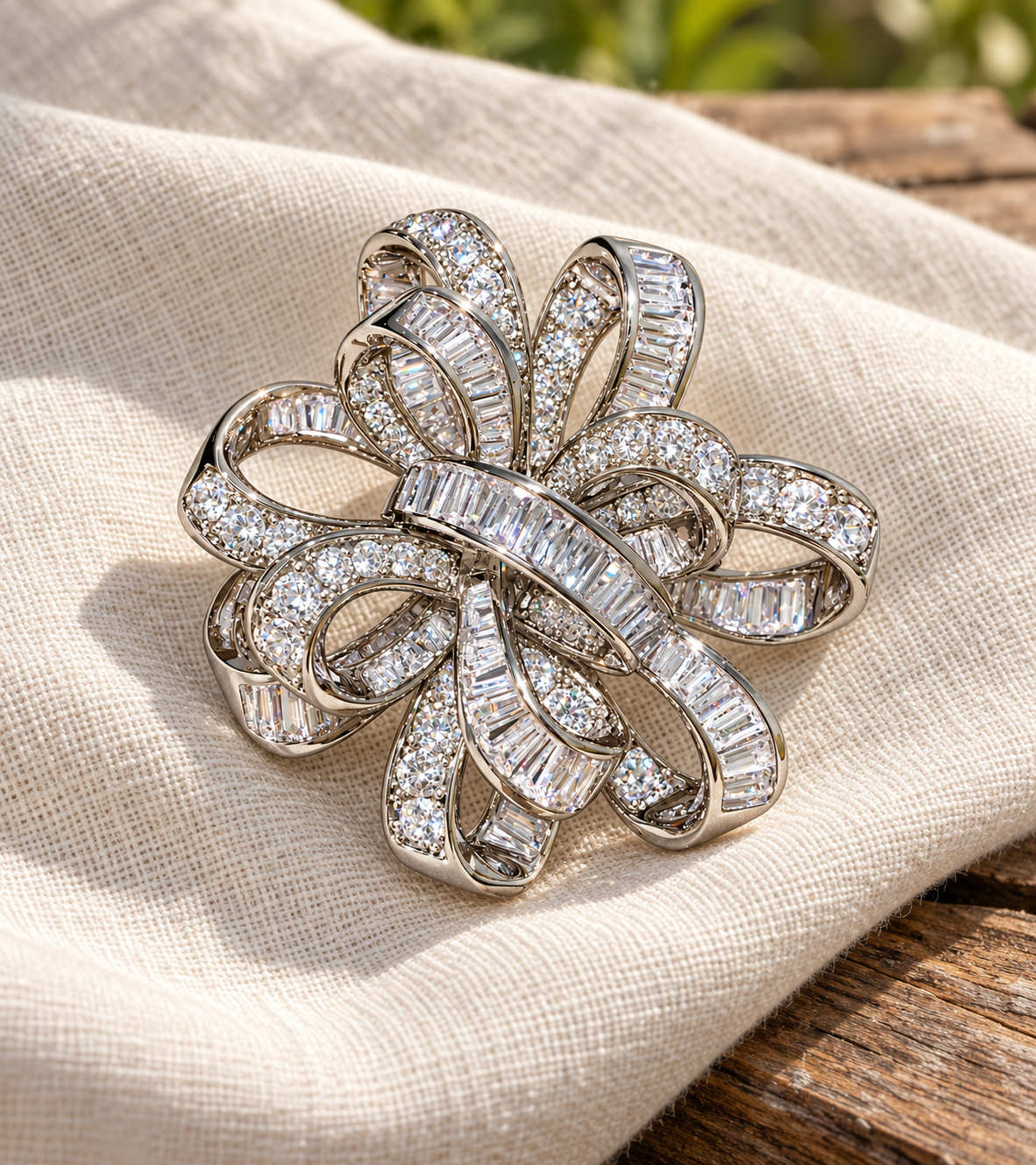 Crystal bow brooch on ivory linen