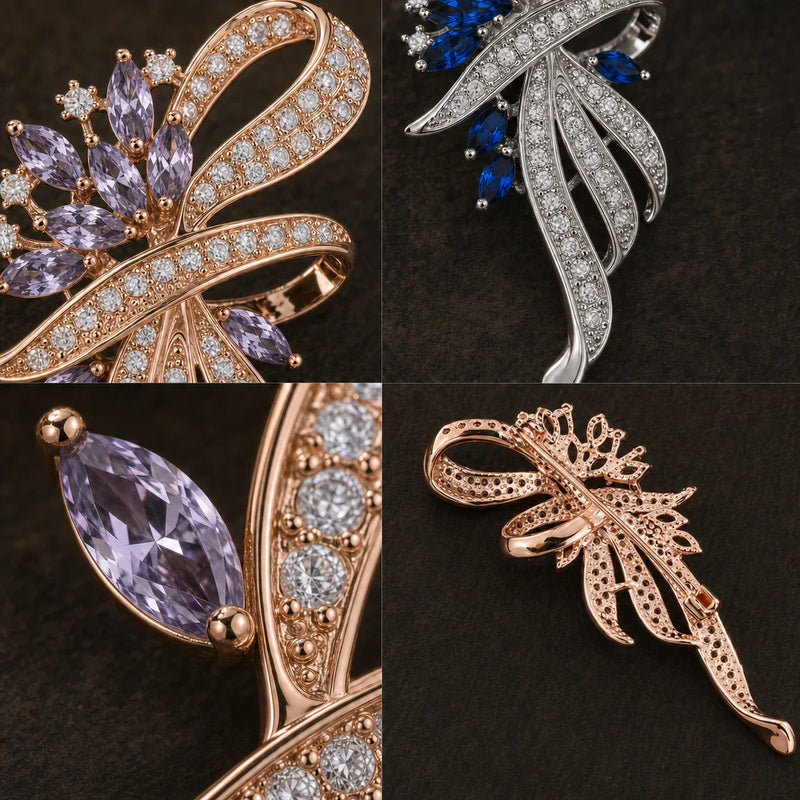 Four close views of the Elowen brooch showing both colorways, crystal settings and accurate pin closure