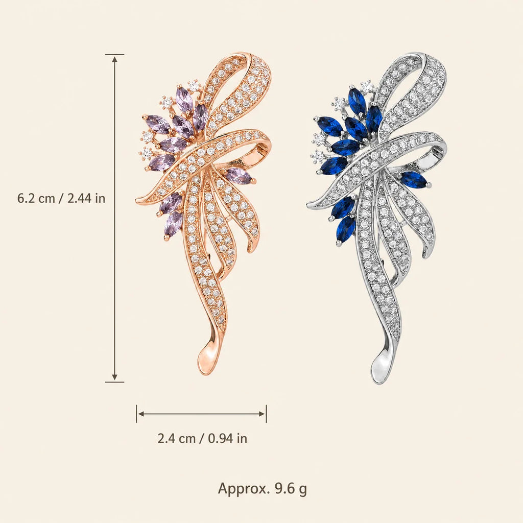 Elowen Crystal Spray Brooch size guide showing 6.2 by 2.4 centimetres and approximate weight
