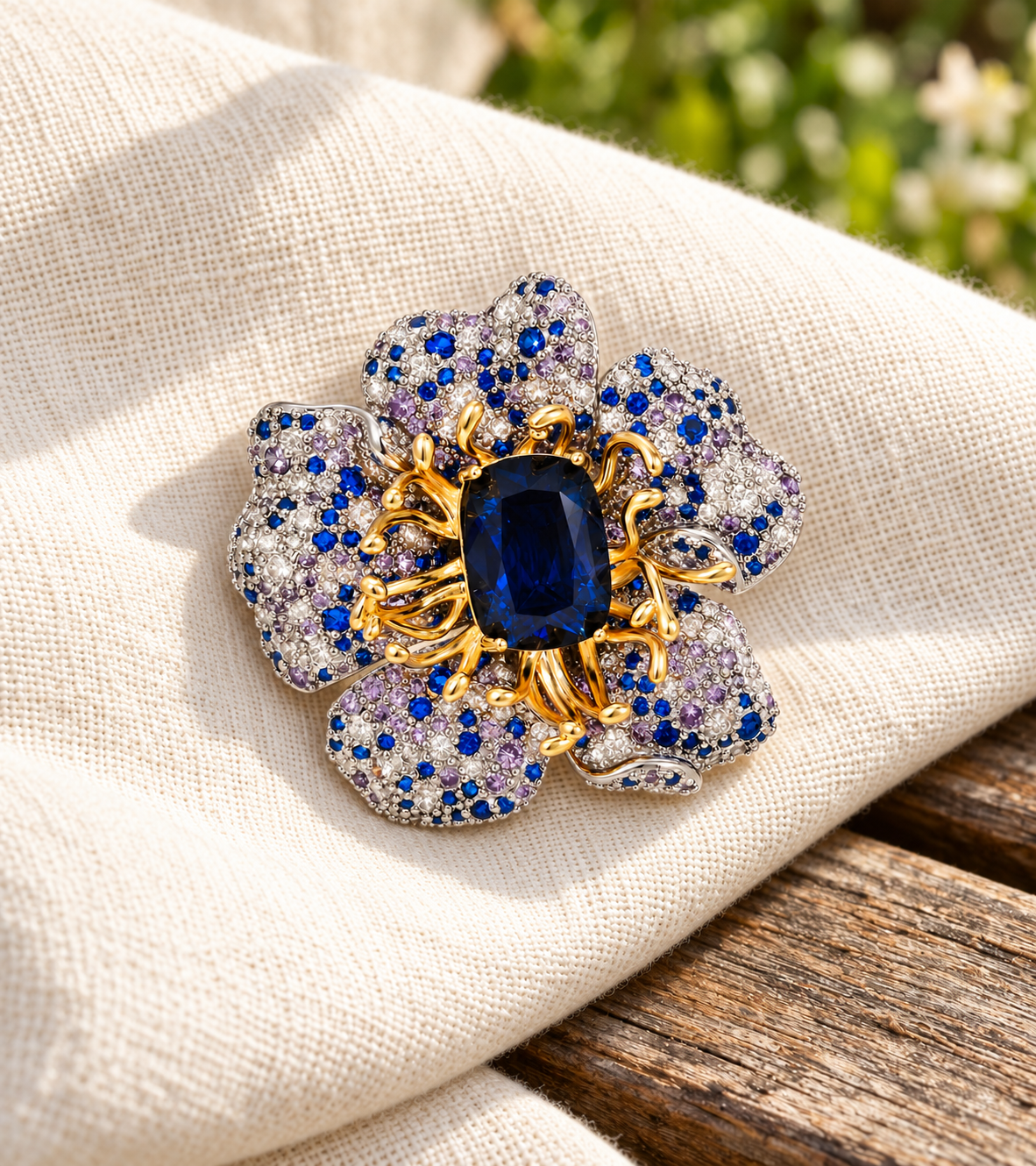 Sini blue flower brooch on ivory linen in a garden