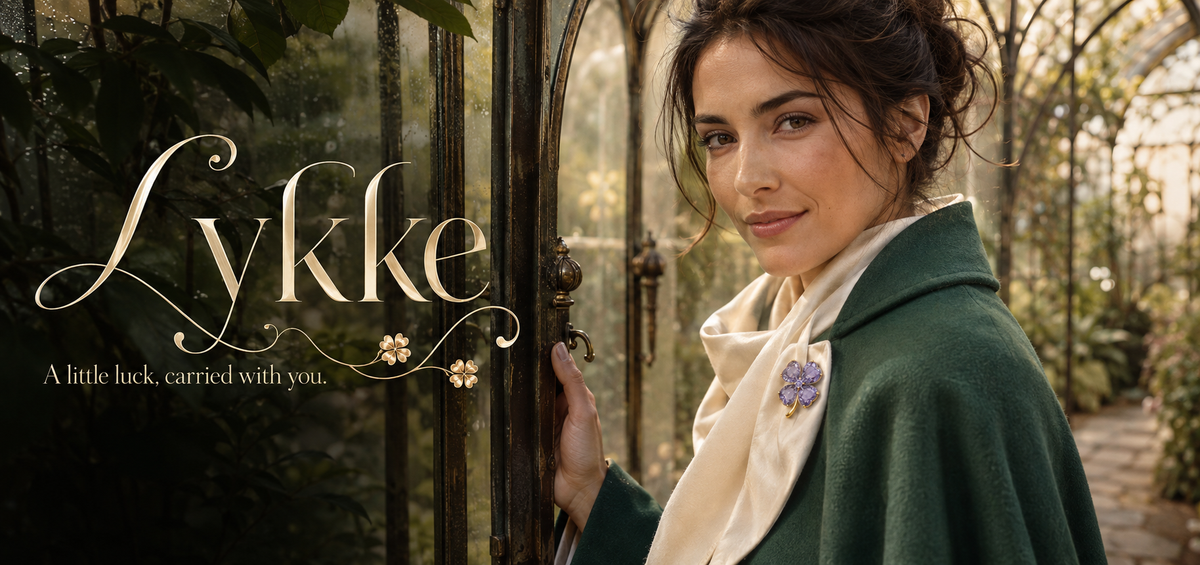 Lykke four-leaf clover brooch worn on an ivory scarf in a sunlit conservatory.