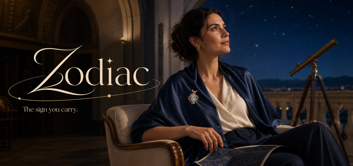 Aquarius Zodiac brooch worn on a blue drape during a quiet moment of stargazing.