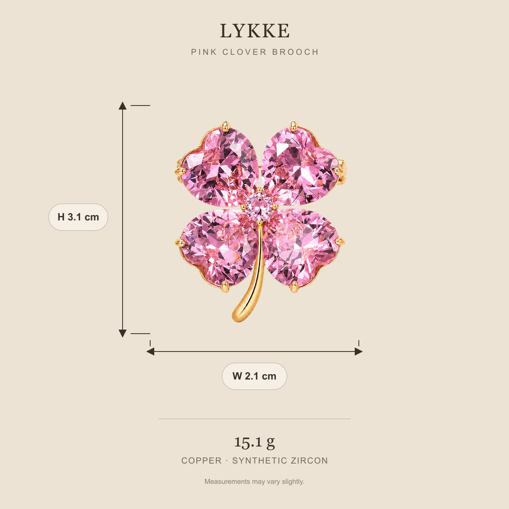 Lykke Pink Clover Brooch size guide showing 3.1 cm height, 2.1 cm width and 15.1 g weight