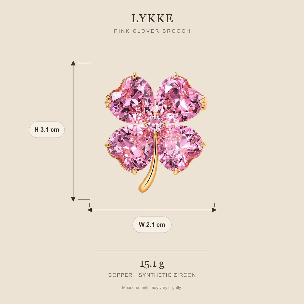 Lykke Pink Clover Brooch size guide showing 3.1 cm height, 2.1 cm width and 15.1 g weight
