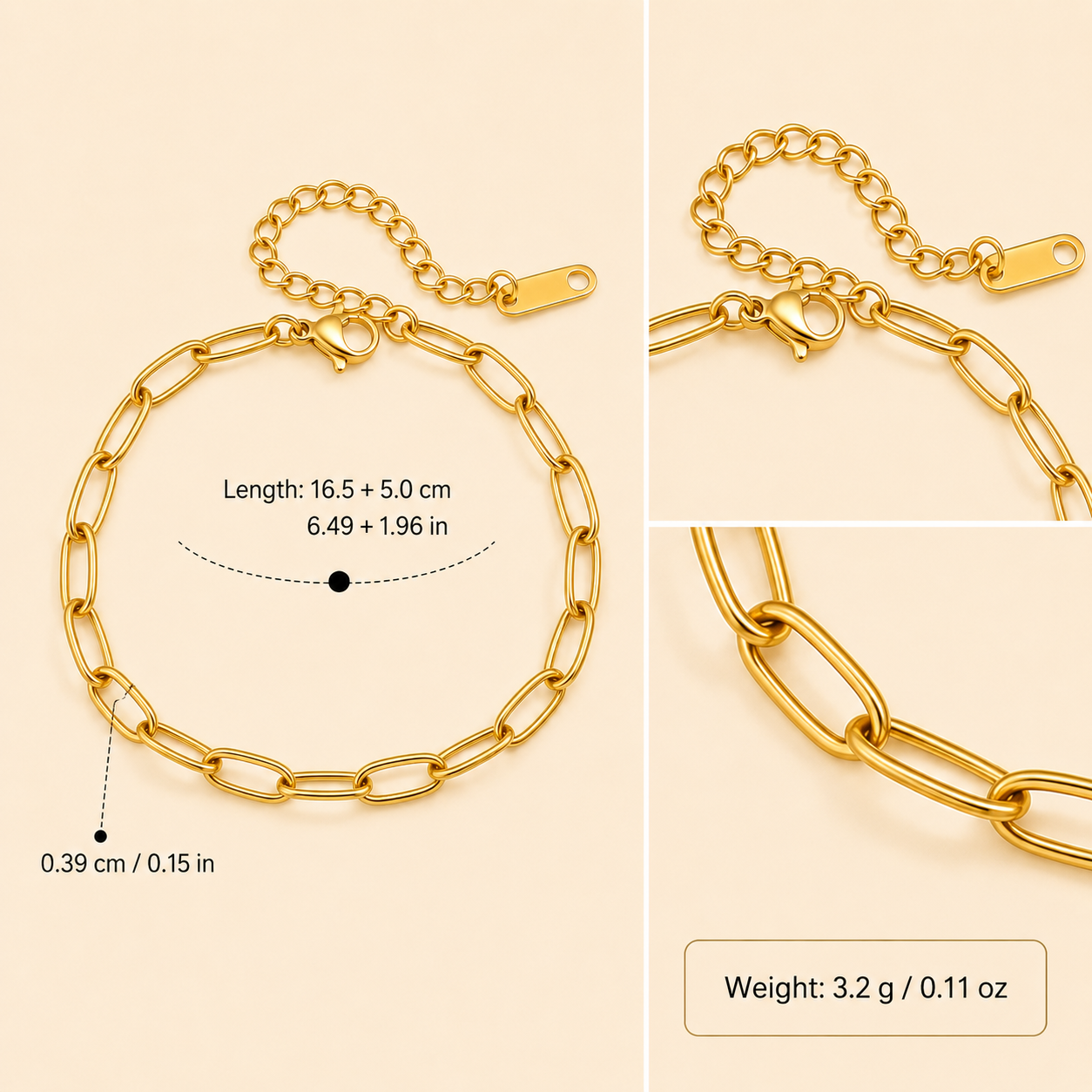 Lyra Paperclip Chain Bracelet size guide