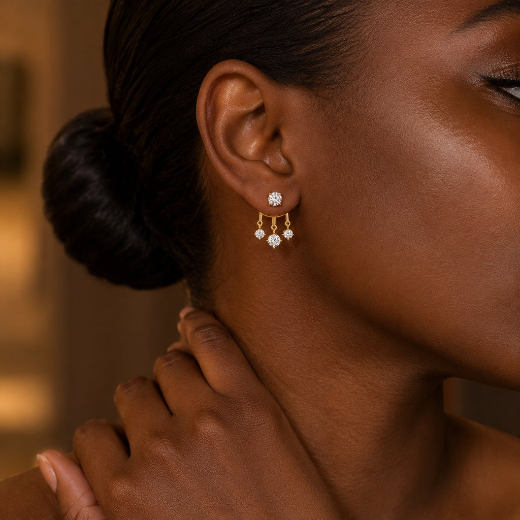 Mira Lantern Zircon Earrings worn on ear