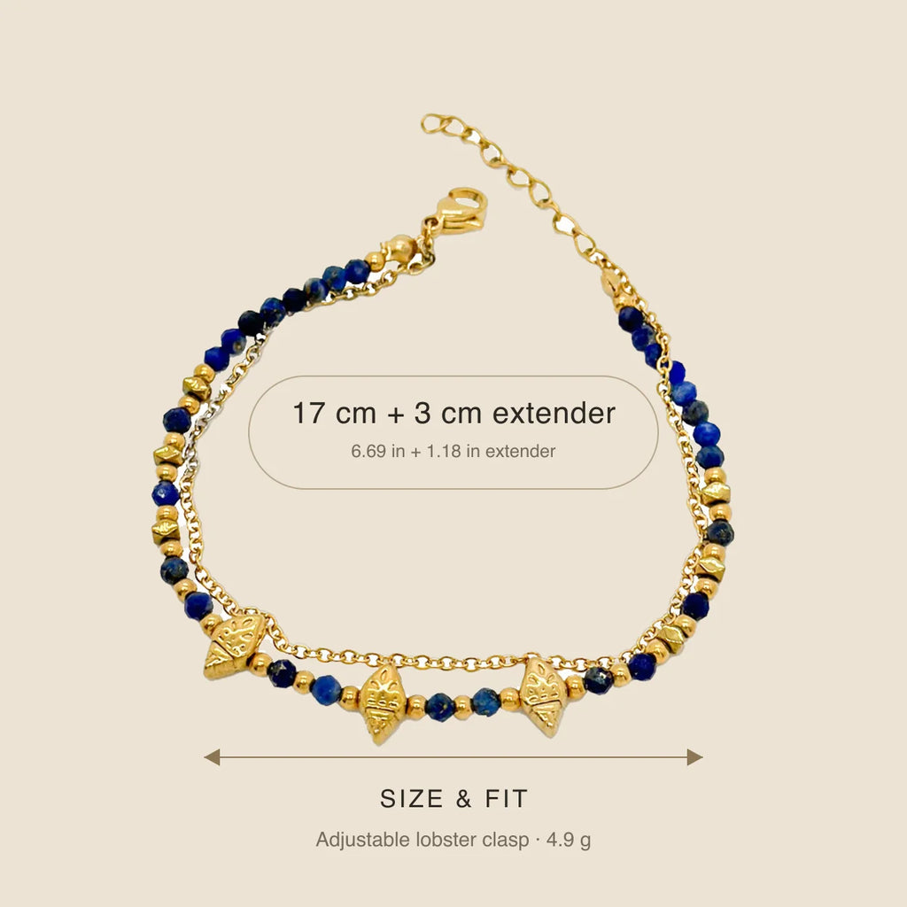 Nila Lapis Charm Bracelet size guide showing 17 cm plus 3 cm extender