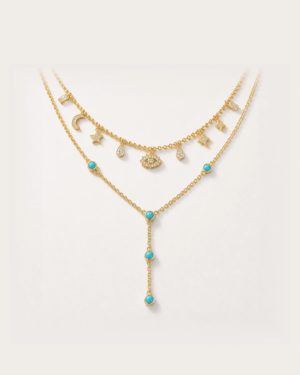 Nocturne Celestial Eye Layered Necklace Set on a soft warm grey background